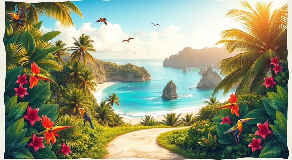 A beautiful, hand-drawn travel itinerary map unfolds across the page, showcasing a tropical paradise. In the foreground, a winding path leads through lush, verdant foliage, dotted with vibrant flowers and exotic birds in flight. The middle ground reveals a pristine, turquoise ocean, its waves gently lapping at white sandy beaches. In the distance, palm trees sway gently in the breeze, framing stunning vistas of rugged cliffs and hidden coves. The lighting is warm and dreamlike, casting a golden glow over the scene. The overall atmosphere is one of adventure, relaxation, and the promise of a truly memorable journey.