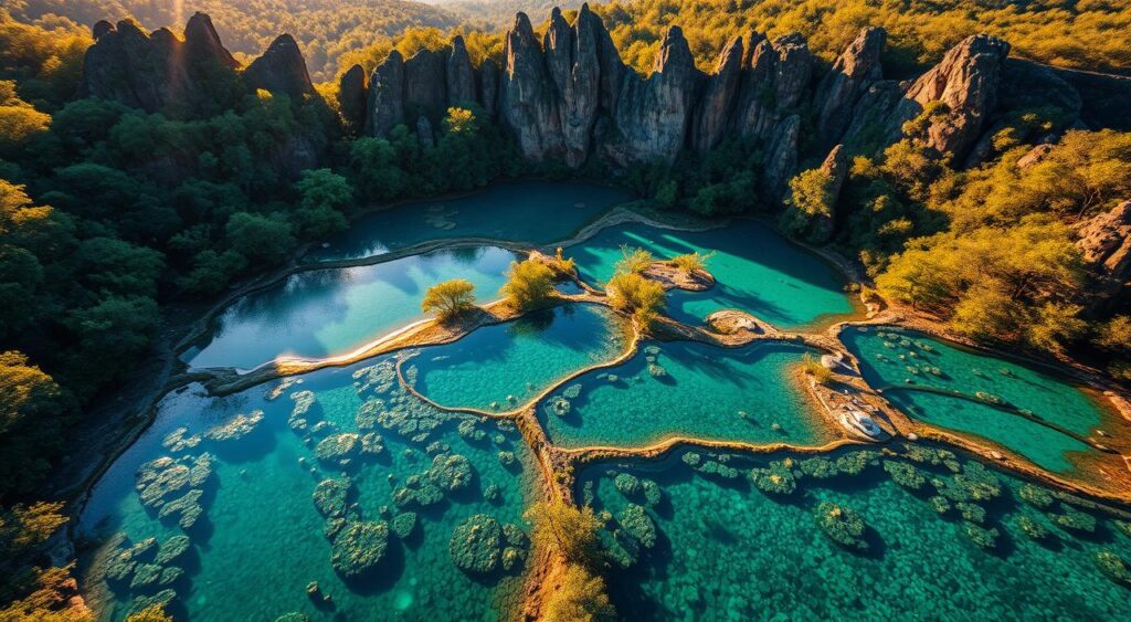A breathtaking aerial view of the fervedouros, a unique natural wonder in the heart of the Brazilian Cerrado. Glistening pools of crystal-clear turquoise water, fed by natural springs, surrounded by lush, verdant vegetation. Warm, golden sunlight filters through the canopy, casting a warm glow over the serene landscape. Dramatic, sculptural rock formations rise up in the background, adding depth and drama to the scene. The entire composition evokes a sense of tranquility, balance, and the beauty of the untamed, rugged Brazilian wilderness.