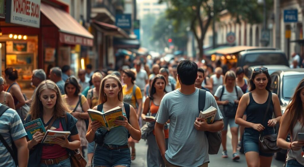 A bustling Brazilian street scene, with people navigating crowded sidewalks and traffic. In the foreground, a group of tourists stand puzzled, guidebooks in hand, unsure of their next steps. In the middle ground, locals weave through the chaos, familiar with the common missteps. The background features vibrant storefronts, street vendors, and the iconic architecture of a Brazilian city. Soft, warm lighting creates a hazy, immersive atmosphere, capturing the challenges and opportunities of navigating unfamiliar terrain. The composition emphasizes the contrast between experienced and inexperienced travelers, inviting the viewer to consider how to avoid common tourism pitfalls.