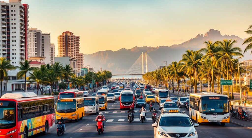 A bustling city scene in Balneário Camboriú, Brazil, captured under the warm, golden hour glow. In the foreground, a variety of local transportation modes are in motion - colorful buses, taxis, and electric scooters navigating the bustling streets. The middle ground features iconic high-rise buildings and palm trees lining the beachfront promenade, creating a vibrant, metropolitan atmosphere. In the background, the picturesque Hercílio Luz Bridge and rugged coastal mountains provide a stunning natural backdrop, hinting at the city's idyllic seaside setting. The overall composition conveys the lively, interconnected nature of Balneário Camboriú's transportation network and its integration within the city's vibrant urban landscape.