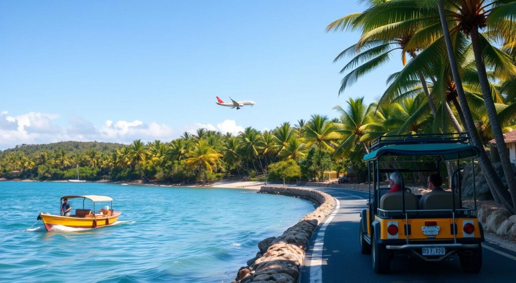 A coastal transportation scene along the Northeast Brazilian shore, showcasing a traditional jangada fishing boat gliding across the calm, azure waters, with a backdrop of lush, verdant palm trees swaying gently in the warm breeze. In the middle ground, a colorful, open-air buggy navigates a winding coastal road, offering a scenic tour of the breathtaking beachscape. In the distance, the silhouette of a small regional airport emerges, hinting at the various modes of travel available to explore this stunning tropical paradise. The overall composition evokes a sense of adventure, connectivity, and the harmony between traditional and modern means of transportation in the region.