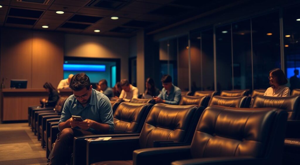 A dimly lit, modern waiting room with plush leather chairs and a reception desk. In the foreground, a person sitting anxiously, clutching their phone and documents. The middle ground features several people waiting, some on their phones, others filling out forms. The background shows a receptionist typing at a computer, a sense of urgency in the air. Warm lighting casts a soft glow, creating a tense, yet professional atmosphere. The overall scene conveys the experience of an emergency visa appointment, with a focus on the anticipation and stress of the situation. A dimly lit, modern waiting room with plush leather chairs and a reception desk. In the foreground, a person sitting anxiously, clutching their phone and documents. The middle ground features several people waiting, some on their phones, others filling out forms. The background shows a receptionist typing at a computer, a sense of urgency in the air. Warm lighting casts a soft glow, creating a tense, yet professional atmosphere. The overall scene conveys the experience of an emergency visa appointment, with a focus on the anticipation and stress of the situation.