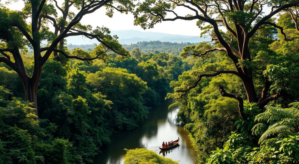 A lush, expansive vista of the Amazon rainforest, showcasing its grandeur and diversity. In the foreground, a winding river meanders through the dense, verdant foliage, its tranquil waters reflecting the surrounding canopy. Towering trees stretch upwards, their branches intertwined to create a cathedral-like natural structure. Sunlight filters through the leaves, casting a warm, golden glow over the scene. In the middle ground, a traditional wooden boat navigates the waterway, its occupants exploring the serene and untamed wilderness. The background features rolling hills and distant mountains, creating a sense of depth and scale. The overall mood is one of exploration, discovery, and a deep connection to the natural world. A lush, expansive vista of the Amazon rainforest, showcasing its grandeur and diversity. In the foreground, a winding river meanders through the dense, verdant foliage, its tranquil waters reflecting the surrounding canopy. Towering trees stretch upwards, their branches intertwined to create a cathedral-like natural structure. Sunlight filters through the leaves, casting a warm, golden glow over the scene. In the middle ground, a traditional wooden boat navigates the waterway, its occupants exploring the serene and untamed wilderness. The background features rolling hills and distant mountains, creating a sense of depth and scale. The overall mood is one of exploration, discovery, and a deep connection to the natural world.