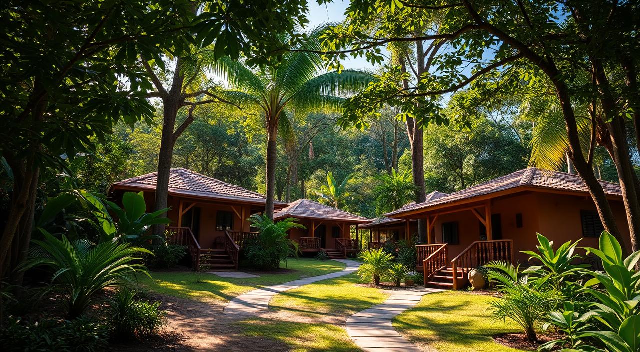 A lush, tropical landscape with a cluster of charming, rustic pousadas nestled among verdant foliage. Vibrant colors and natural textures abound, creating a serene, eco-friendly atmosphere. The buildings feature traditional Brazilian architectural elements, such as terracotta roofs, wooden balconies, and earthy tones that blend seamlessly with the surrounding environment. A winding path leads to the entrance of the pousadas, inviting visitors to experience the tranquility and comfort of this picturesque retreat. Dappled sunlight filters through the canopy of trees, casting a warm, inviting glow over the scene. The overall impression is one of harmony, sustainability, and a deep connection to the natural beauty of Bonito, MS.