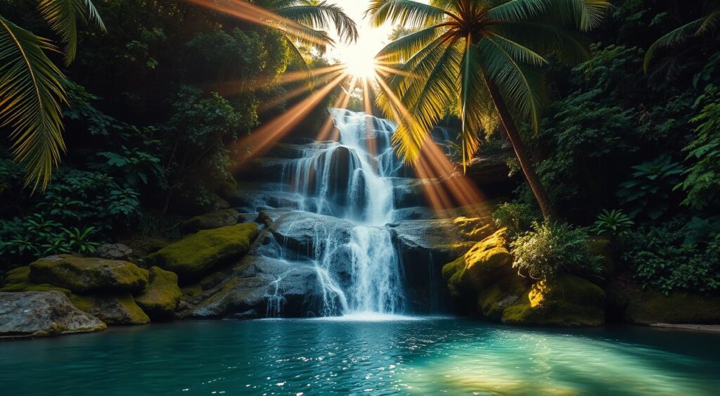 A lush, tropical waterfall cascades over moss-covered rocks, surrounded by dense, verdant foliage. The sun's golden rays filter through the canopy, casting a warm, ethereal glow on the scene. In the foreground, a deep, azure pool reflects the vibrant greens and blues of the natural landscape. Towering palm trees sway gently in the soft breeze, adding to the tranquil, serene atmosphere. The camera captures the scene from a medium-wide angle, showcasing the incredible depth and scale of this hidden gem nestled within the rolling hills of Bonito, Brazil. A lush, tropical waterfall cascades over moss-covered rocks, surrounded by dense, verdant foliage. The sun's golden rays filter through the canopy, casting a warm, ethereal glow on the scene. In the foreground, a deep, azure pool reflects the vibrant greens and blues of the natural landscape. Towering palm trees sway gently in the soft breeze, adding to the tranquil, serene atmosphere. The camera captures the scene from a medium-wide angle, showcasing the incredible depth and scale of this hidden gem nestled within the rolling hills of Bonito, Brazil.