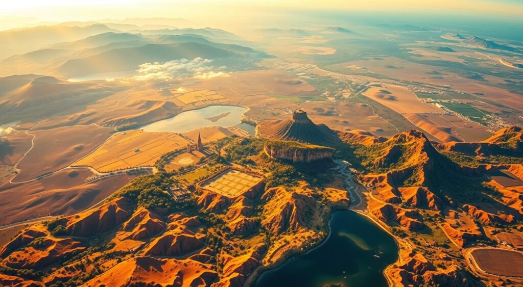 A panoramic aerial view of the diverse climatic regions across Brazil, showcasing the lush rainforests, rugged mountains, sun-drenched beaches, and rolling plains. The scene is bathed in warm, golden sunlight, highlighting the vibrant colors and textures of the landscape. In the foreground, a detailed topographical map unfolds, revealing the intricate patterns of temperature, precipitation, and humidity that define each unique regional climate. In the middle ground, iconic landmarks from Brazil's most popular tourist destinations emerge, framed by the dramatic shifts in weather and terrain. The background fades into a soft, hazy horizon, evoking a sense of discovery and exploration for the best times to visit each captivating destination.