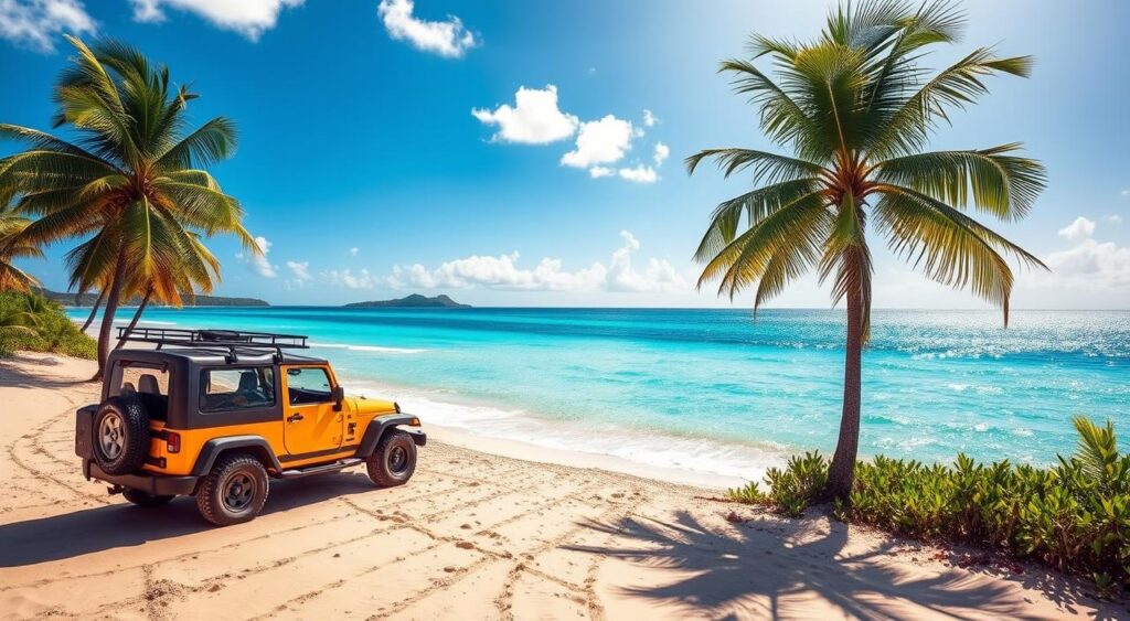 A pristine beach with crystal-clear azure waters lapping against the shore, fringed by a lush palm grove swaying gently in the warm coastal breeze. In the foreground, a compact, colorful Jeep parked on the sand, ready to embark on a 5-day road trip adventure. Winding pathways lead into the palm-dotted hinterland, inviting exploration of secluded coves and quaint fishing villages. Overhead, a vibrant, cloudless sky bathes the scene in golden, sunlit splendor, capturing the essence of a quintessential Northeast Brazilian beach escape.