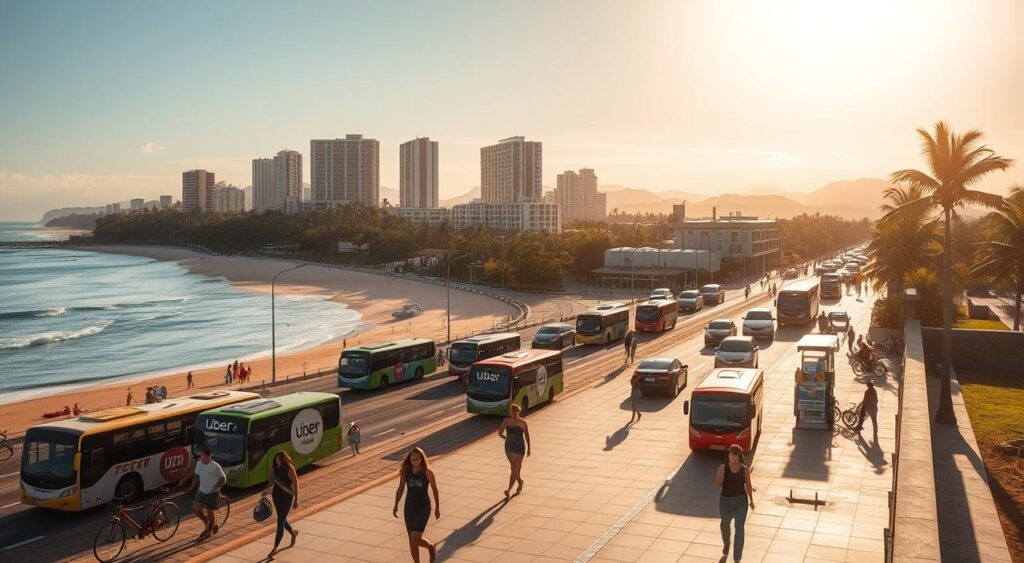 A sun-drenched coastal landscape in Natal, Rio Grande do Norte, Brazil. In the foreground, a group of beachgoers stroll along the promenade, taking in the lively sights and sounds of the bustling seaside. In the middle ground, a variety of transportation options line the streets - colorful local buses, iconic Uber cars, and bicycle rental kiosks. Beyond, the hotels and resorts that dot the coastline stand tall, their modern architecture and lush landscaping creating a serene and inviting atmosphere. Soft, warm lighting filters through the scene, casting a golden glow over the entire composition. The overall mood is one of relaxation, adventure, and the quintessential tropical vacation experience. A sun-drenched coastal landscape in Natal, Rio Grande do Norte, Brazil. In the foreground, a group of beachgoers stroll along the promenade, taking in the lively sights and sounds of the bustling seaside. In the middle ground, a variety of transportation options line the streets - colorful local buses, iconic Uber cars, and bicycle rental kiosks. Beyond, the hotels and resorts that dot the coastline stand tall, their modern architecture and lush landscaping creating a serene and inviting atmosphere. Soft, warm lighting filters through the scene, casting a golden glow over the entire composition. The overall mood is one of relaxation, adventure, and the quintessential tropical vacation experience.