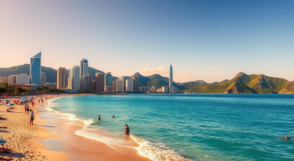 A vibrant coastal scene of Balneário Camboriú, Brazil. In the foreground, a pristine sandy beach with people enjoying the sun, swimming in the turquoise waters, and relaxing under colorful umbrellas. In the middle ground, the iconic skyscrapers of the city's skyline rise up, their reflections shimmering in the calm sea. In the background, lush green hills and mountains frame the scene, creating a picturesque natural backdrop. The lighting is warm and golden, capturing the essence of a perfect day by the beach. The overall atmosphere is one of relaxation, adventure, and the perfect fusion of urban and natural wonders.