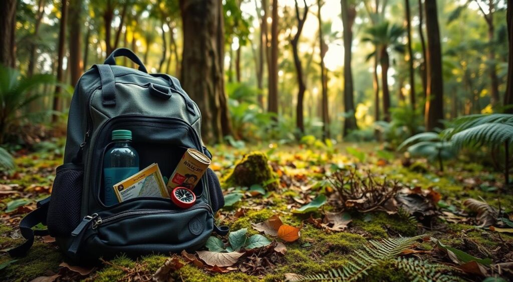 A well-organized backpack rests in a lush, verdant forest clearing. The foreground features the backpack's contents - a water bottle, compass, hiking map, and other essential gear - artfully arranged. The middle ground showcases a mix of ferns, mosses, and fallen leaves, capturing the rich, earthy tones of the Amazon rainforest. In the background, towering trees with sunlight filtering through their canopy create a warm, inviting atmosphere. The overall scene conveys a sense of adventure and preparedness for an immersive exploration of the world's largest tropical rainforest. A well-organized backpack rests in a lush, verdant forest clearing. The foreground features the backpack's contents - a water bottle, compass, hiking map, and other essential gear - artfully arranged. The middle ground showcases a mix of ferns, mosses, and fallen leaves, capturing the rich, earthy tones of the Amazon rainforest. In the background, towering trees with sunlight filtering through their canopy create a warm, inviting atmosphere. The overall scene conveys a sense of adventure and preparedness for an immersive exploration of the world's largest tropical rainforest.