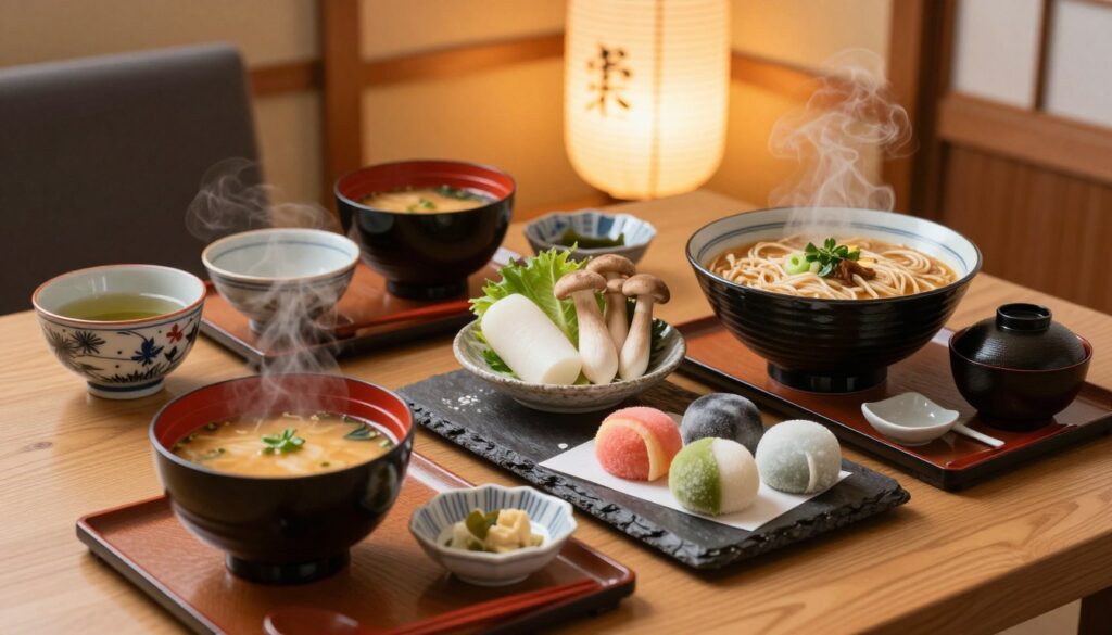 A beautifully arranged Japanese winter meal, showcasing traditional dishes like steaming bowls of ramen, colorful sushi, and delicate mochi, placed on an elegant wooden table. In the foreground, a bowl of warm, steaming miso soup with garnishes, alongside an intricate tea set with warm green tea. The middle ground features seasonal ingredients like daikon radish and shimeji mushrooms, artfully displayed on a textured, dark slate board. In the background, the soft glow of paper lanterns illuminates a cozy izakaya setting, with wooden beams and muted decor that evoke an inviting, warm atmosphere. Soft, diffused lighting enhances the richness of the food, creating a sense of comfort and tradition in Japanese winter gastronomy.
