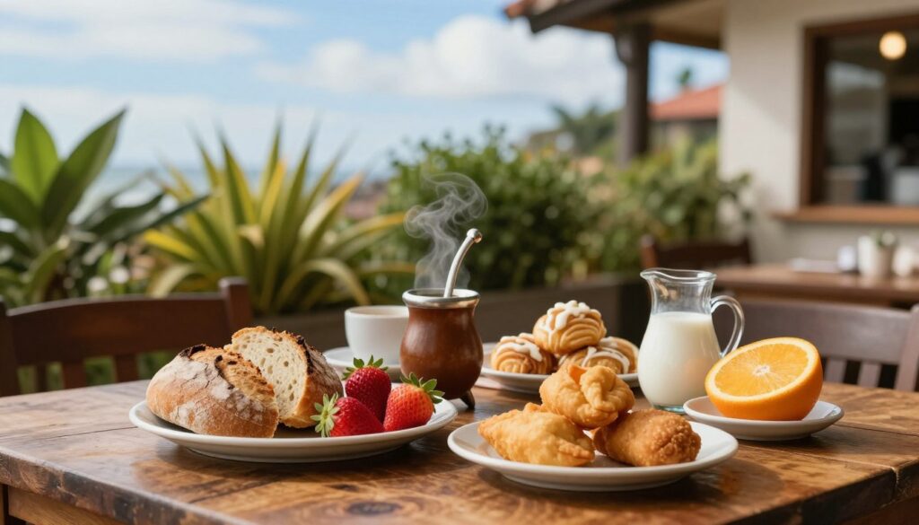 A beautifully arranged Uruguayan breakfast table set outdoors in a charming café. In the foreground, a platter featuring artisanal bread, refreshing fruits like strawberries and oranges, and traditional pastries such as medialunas and tortas fritas. A steaming cup of mate sits beside a small jug of milk. In the middle ground, a rustic table with wood grain texture, surrounded by lush green plants, giving a cozy and inviting atmosphere. The background features a soft blue sky with wispy clouds, hinting at a sunny morning in Punta del Este. The scene is bathed in warm, natural light, creating a welcoming mood. Use a shallow depth of field to enhance the focus on the breakfast spread while softly blurring the background elements.