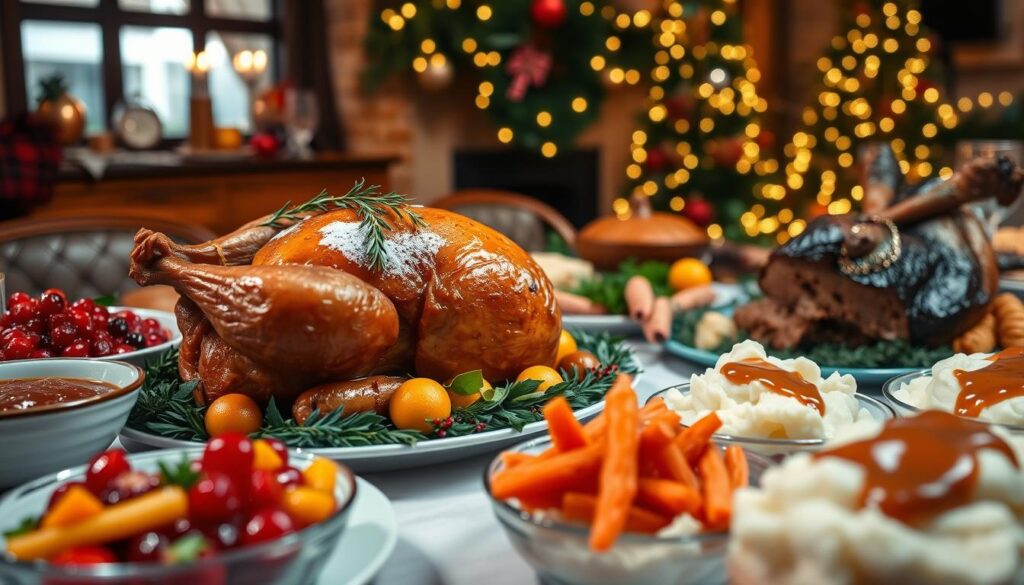 A beautifully arranged banquet table showcasing traditional Christmas dishes from Québec, Canada. In the foreground, a glistening roast turkey adorned with seasonal herbs and garnishes sits surrounded by colorful cranberry sauce and roasted vegetables. Midground elements feature a rich meat pie and vibrant maple-glazed carrots, as well as fluffy mashed potatoes topped with gravy. The background showcases a cozy, dimly-lit room decorated with festive ornaments and soft fairy lights, creating a warm and inviting atmosphere. The scene is captured with a shallow depth of field to highlight the food, utilizing warm, soft lighting for a festive glow. The overall mood is joyful and celebratory, encapsulating the essence of holiday gatherings in Québec. A beautifully arranged banquet table showcasing traditional Christmas dishes from Québec, Canada. In the foreground, a glistening roast turkey adorned with seasonal herbs and garnishes sits surrounded by colorful cranberry sauce and roasted vegetables. Midground elements feature a rich meat pie and vibrant maple-glazed carrots, as well as fluffy mashed potatoes topped with gravy. The background showcases a cozy, dimly-lit room decorated with festive ornaments and soft fairy lights, creating a warm and inviting atmosphere. The scene is captured with a shallow depth of field to highlight the food, utilizing warm, soft lighting for a festive glow. The overall mood is joyful and celebratory, encapsulating the essence of holiday gatherings in Québec.