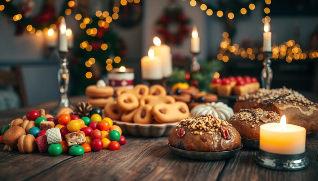A beautifully arranged display of traditional Portuguese Christmas sweets (doces de natal) on a rustic wooden table. In the foreground, highlight an assortment of vibrant candies, such as filhós (fried doughnuts), rabanadas (French toast), and a variety of colorful pastries like bolo-rei (king cake) adorned with nuts and dried fruits. The middle ground features a cozy scene with dim, warm candlelight illuminating the sweets, creating a festive atmosphere. In the background, faintly visible, are traditional Portuguese decor elements, like garlands and twinkling lights, evoking the charm of Lisbon's Alfama district. Use a soft focus effect to enhance the warm and inviting mood, capturing the essence of a joyous Christmas gathering.