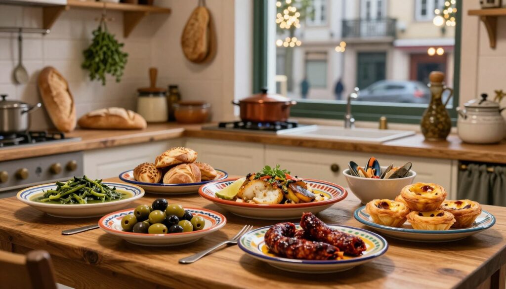 A beautifully arranged display of traditional Portuguese cuisine, featuring iconic dishes like Bacalhau à Brás, Caldo Verde, and Pastéis de Nata. In the foreground, a wooden table is adorned with colorful ceramic plates, showcasing vibrant ingredients such as olives, chouriço, and fresh seafood. The middle ground reveals a cozy Portuguese kitchen atmosphere, with hanging herbs, fresh bread, and rustic kitchenware. In the background, a softly lit window reveals a wintery Lisbon street, adorned with festive lights. The scene has warm, inviting lighting that creates a sense of comfort and nostalgia. Capture this moment with a shallow depth of field, focusing on the food while gently blurring the background, evoking a serene, culinary delight in the heart of Portugal's unique flavors.