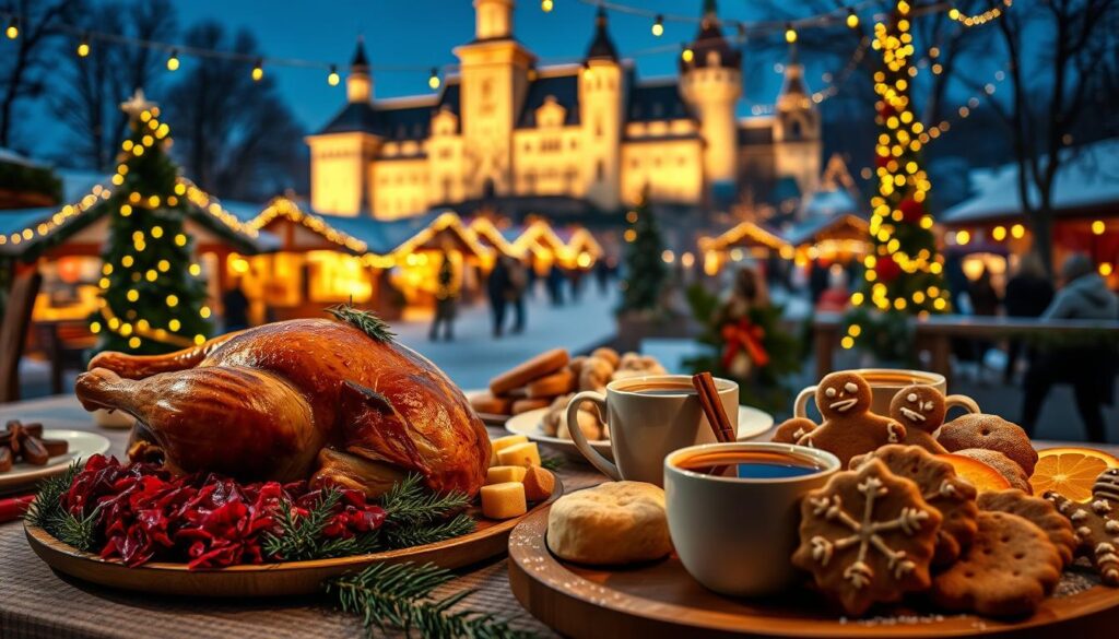 A beautifully arranged festive Christmas table featuring traditional German holiday cuisine. In the foreground, a golden-brown roast goose garnished with herbs, surrounded by rich red cabbage and crispy potato dumplings. To the side, a wooden platter filled with stollen and gingerbread cookies, expertly decorated with powdered sugar. In the middle ground, steaming mugs of mulled wine, with slices of orange and aromatic spices. The background showcases a twinkling Christmas market lit by warm fairy lights, with snow gently falling. A majestic, illuminated castle looms in the distance, its festive decorations glimmering against a deep blue twilight sky. The atmosphere is cozy and inviting, capturing the essence of a magical German Christmas. Soft, warm lighting enhances the scene while maintaining a sense of festivity and warmth.