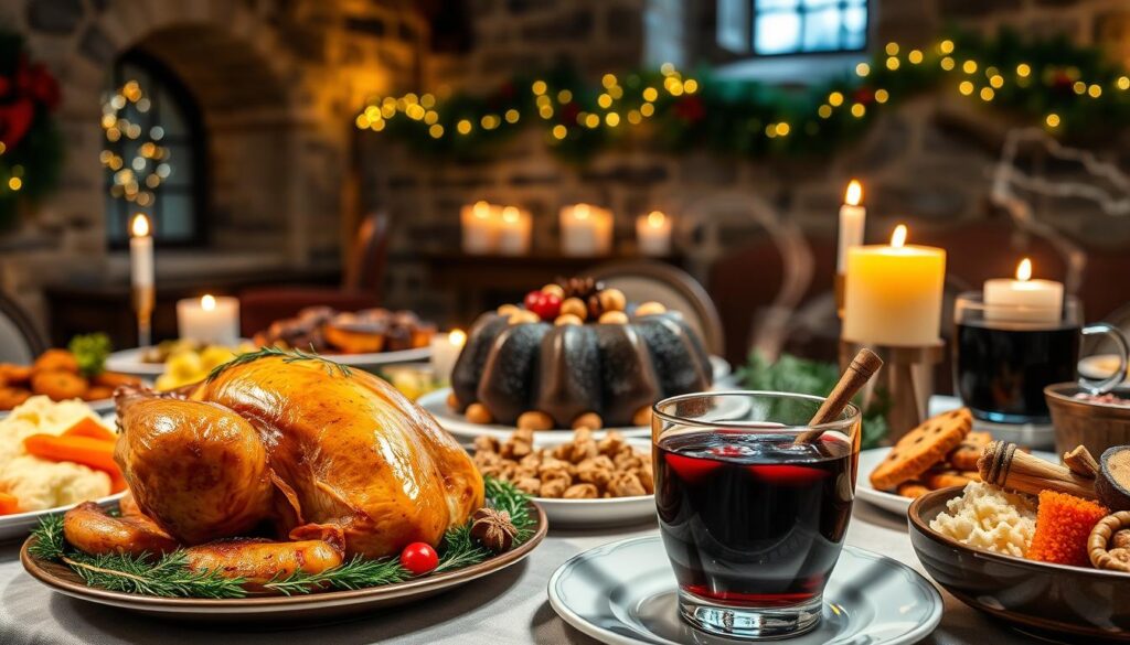 A beautifully arranged festive table showcasing a variety of traditional Scottish Christmas dishes. In the foreground, a golden-brown roast turkey garnished with herbs and surrounded by colorful side dishes like honey-glazed carrots, creamy mashed potatoes, and stuffing. In the middle, a rich, dark fruitcake adorned with glistening marzipan and dried fruits, alongside a warm bowl of steaming mulled wine with spices wafting gently. The background features a cozy, dimly lit stone castle interior decorated with twinkling fairy lights and evergreen garlands, evoking a warm, inviting holiday atmosphere. Soft candlelight illuminates the scene, creating a feeling of comfort and tradition. The overall mood is festive and nostalgic, celebrating the flavors of a Scottish Christmas feast.