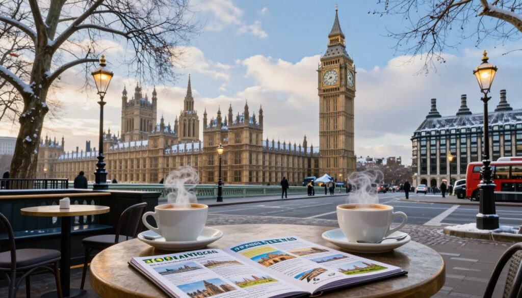 A beautifully arranged scene depicting an ideal 4 to 7 day itinerary in London during January 2026, immediately after the New Year celebrations. In the foreground, a cozy café table with steaming cups of coffee and a travel itinerary filled with colorful images of iconic London landmarks. In the middle ground, a picturesque view of the iconic Big Ben and the Houses of Parliament, dusted lightly with winter snow. Flanking this scene, trees with bare branches contrast against the soft glow of street lamps illuminating the cobblestone streets. In the background, a serene blue winter sky with soft clouds. The mood is inviting and warm, evoking a sense of adventure and exploration. Capture this scene at a slightly elevated angle to provide depth, with soft, natural lighting to enhance the peaceful winter atmosphere.