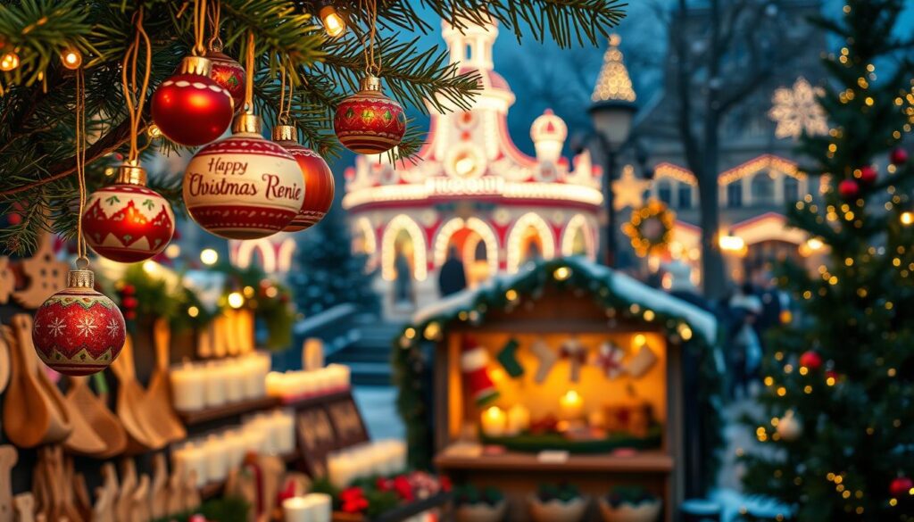 A beautifully arranged scene of Danish Christmas craftsmanship, showcasing traditional "artesanato natalino." In the foreground, delicate wooden ornaments and hand-painted baubles hang from a rustic pine tree, their vibrant colors glistening in soft, warm lights. The middle layer reveals a quaint market stall filled with handmade candles, woven textiles, and charming figurines, all embodying the spirit of Hygge. In the background, softly blurred, the enchanting Tivoli Gardens illuminate the night with festive lights and whimsical decorations. The atmosphere is cozy and inviting, with a hint of snow gently falling. Capture this with a warm, golden hour glow, employing a shallow depth of field to emphasize the intricate details of the craftsmanship and the magical ambiance.
