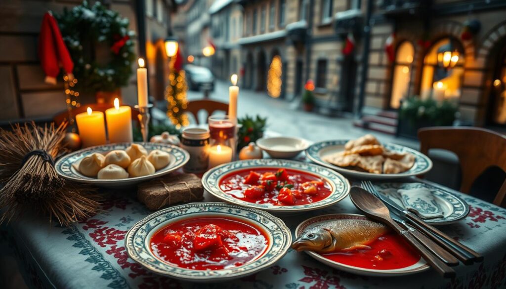 A beautifully arranged table featuring traditional Polish dishes for Christmas, highlighting vibrant plates of pierogi, red borscht with dumplings, and carp prepared in a rich sauce. In the foreground, the table is adorned with a festive tablecloth, bundles of hay peeking out, and candles casting a warm glow, creating an inviting atmosphere. The middle ground showcases ornate dishware and detailed wooden utensils, indicative of Polish craftsmanship. The background captures a quaint Krakow street scene, with holiday lights illuminating the stone architecture and a soft snowfall. The lighting is warm and cozy, evoking a sense of holiday nostalgia and celebration. The composition should be inviting and rich in colors, emphasizing the cultural significance of Polish Christmas cuisine.
