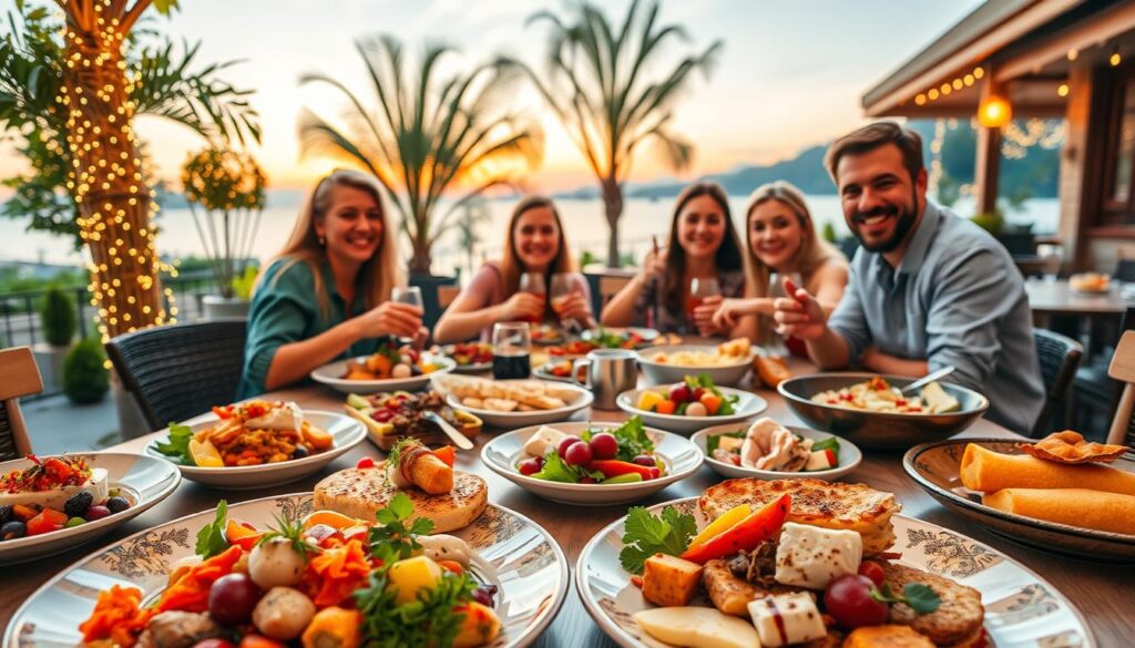 A beautifully arranged table set for a festive dining experience, showcasing a variety of international dishes representing culinary discoveries. In the foreground, there are vibrant plates of gourmet food, featuring colorful vegetables, artisan cheeses, and exotic fruits, with intricate garnishes. In the middle ground, a group of friends in modest casual clothing are joyfully sharing a meal, their expressions reflecting delight and camaraderie. They are seated at a sunlit outdoor restaurant, surrounded by lush greenery and inviting decor, enhancing the atmosphere of celebration. In the background, soft fairy lights twinkle against a serene sunset, adding warmth to the scene. The overall mood is one of joy and exploration, perfectly capturing the essence of gastronomic experiences during extended holidays. The lighting is warm and inviting, emphasizing the richness of the dishes and the happiness of the gathering. A beautifully arranged table set for a festive dining experience, showcasing a variety of international dishes representing culinary discoveries. In the foreground, there are vibrant plates of gourmet food, featuring colorful vegetables, artisan cheeses, and exotic fruits, with intricate garnishes. In the middle ground, a group of friends in modest casual clothing are joyfully sharing a meal, their expressions reflecting delight and camaraderie. They are seated at a sunlit outdoor restaurant, surrounded by lush greenery and inviting decor, enhancing the atmosphere of celebration. In the background, soft fairy lights twinkle against a serene sunset, adding warmth to the scene. The overall mood is one of joy and exploration, perfectly capturing the essence of gastronomic experiences during extended holidays. The lighting is warm and inviting, emphasizing the richness of the dishes and the happiness of the gathering.