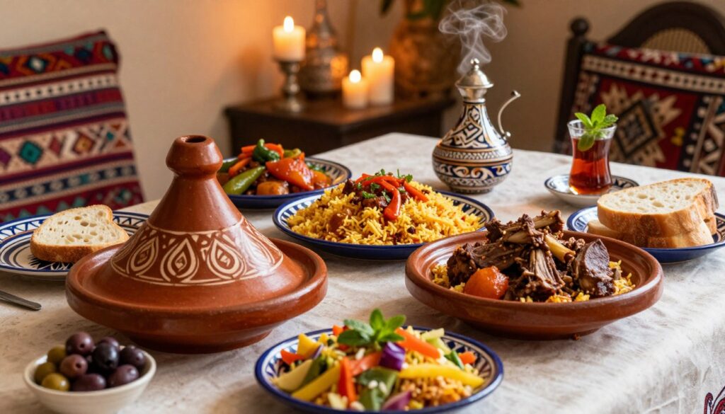 A beautifully arranged table showcasing Moroccan gastronomy, featuring traditional dishes like tagine with succulent lamb, vibrant couscous, and colorful salads. In the foreground, a richly decorated tagine pot, surrounded by dishes of olives and fresh bread, with intricate patterns reminiscent of Moroccan art. In the middle, there are vibrant plates of stewed vegetables and fragrant spiced rice, alongside a steaming pot of mint tea in a traditional glass. The background reveals a warm, inviting setting with soft candlelight and patterned textiles draping the table. The atmosphere conveys a sense of comfort and hospitality, with rich, warm tones and soft, diffused lighting enhancing the cozy, festive mood.