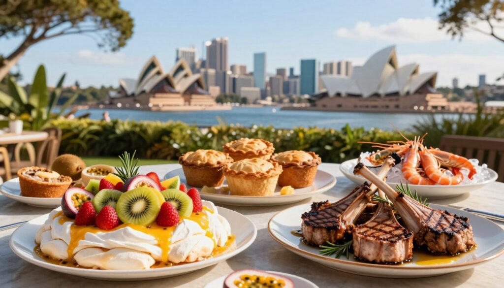 A beautifully arranged table showcasing traditional Australian dishes for a summer celebration, reflecting the vibrant atmosphere of Sydney’s New Year's festivities. In the foreground, a large, colorful pavlova topped with fresh fruits like kiwi, strawberries, and passionfruit. On one side, a platter of succulent lamb chops, grilled to perfection, garnished with rosemary. In the middle ground, a selection of classic meat pies and fresh seafood, including prawns on ice. The background features a scenic view of Sydney's iconic skyline and the Sydney Opera House, bathed in warm golden sunlight. The scene captures the essence of summer, with clear blue skies and lush greenery, evoking feelings of joy and festivity. Use a soft, natural lighting to enhance the inviting atmosphere, creating a lively and appetizing setting.