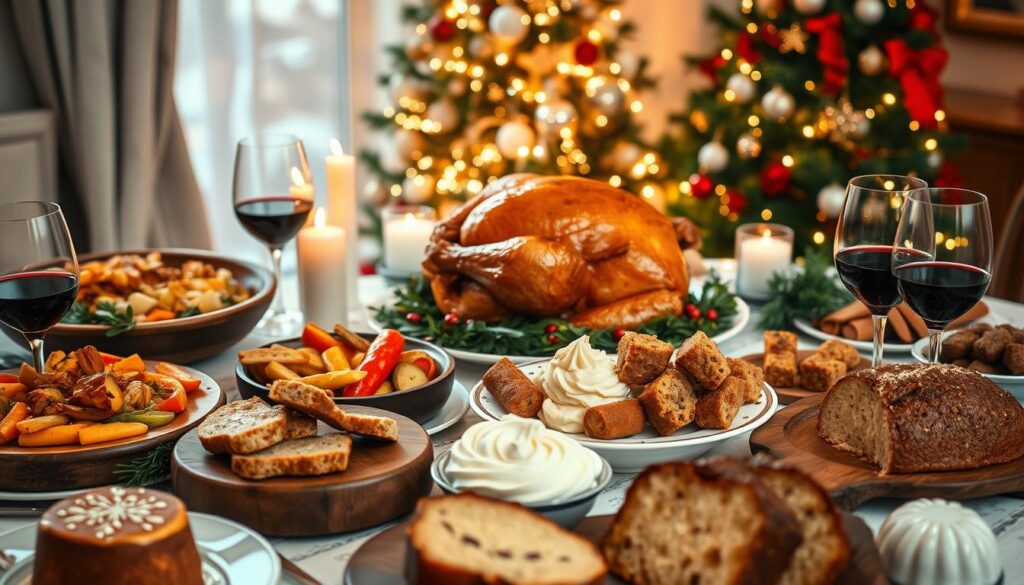 A beautifully arranged table showcasing traditional Italian Christmas dishes, featuring a golden-brown roasted turkey at the center, surrounded by vibrant side dishes of roasted vegetables, creamy mashed potatoes, and savory stuffing. In the foreground, a selection of festive desserts like panettone and buche de Noël is artfully displayed. The middle ground includes rustic wooden serving platters and wine glasses filled with red wine, while softly glowing candles provide warm, inviting lighting. The background features a softly lit Christmas tree adorned with ornaments, enhancing the festive atmosphere. The scene is captured from a slightly elevated angle, emphasizing the lush colors and textures of the dishes, conveying a warm, celebratory mood synonymous with Italian holiday gatherings. A beautifully arranged table showcasing traditional Italian Christmas dishes, featuring a golden-brown roasted turkey at the center, surrounded by vibrant side dishes of roasted vegetables, creamy mashed potatoes, and savory stuffing. In the foreground, a selection of festive desserts like panettone and buche de Noël is artfully displayed. The middle ground includes rustic wooden serving platters and wine glasses filled with red wine, while softly glowing candles provide warm, inviting lighting. The background features a softly lit Christmas tree adorned with ornaments, enhancing the festive atmosphere. The scene is captured from a slightly elevated angle, emphasizing the lush colors and textures of the dishes, conveying a warm, celebratory mood synonymous with Italian holiday gatherings.