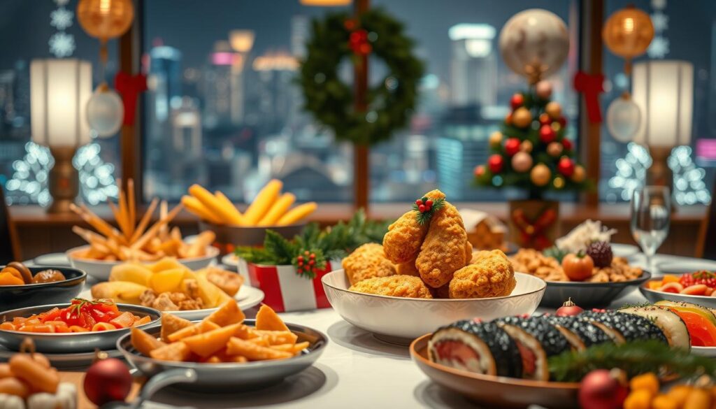 A beautifully arranged table showcasing traditional Japanese Christmas cuisine in Tokyo, featuring a centerpiece of golden KFC fried chicken, decorated with festive garnishes. Surround the chicken with vibrant seasonal dishes like simmered root vegetables, decorative sushi, and colorful fruit platters. Add soft ambient lighting that highlights the glossy surfaces of the food, creating a warm and inviting atmosphere. In the background, faint outlines of Tokyo's futuristic holiday illuminations can be seen through a large window, casting a dreamy glow. The scene is styled with elegant tableware and garnished with pine branches and ornaments, evoking a cozy, festive mood perfect for the holiday season in Japan. Shot at eye level with a shallow depth of field to make the food the main focus while softly blurring the backgrounds.