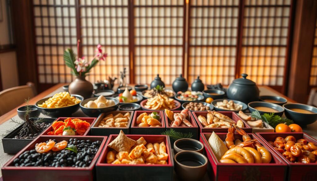 A beautifully arranged traditional Japanese o-sechi ryori platter, featuring an array of colorful and meticulously prepared dishes. In the foreground, showcase vibrant lacquer boxes filled with delicacies such as black soybeans, simmered vegetables, and shrimp, artistically organized to highlight their intricate textures and colors. The middle ground displays a traditional Japanese table setting, complete with ceramic utensils and seasonal decorations like pine branches and persimmons, evoking the spirit of the New Year. In the background, softly lit shoji screens create a warm and inviting atmosphere, with subtle golden hues reflecting the light, reminiscent of New Year's celebrations in Tokyo. Capture this scene from a slightly elevated angle to enhance the visual depth and richness.