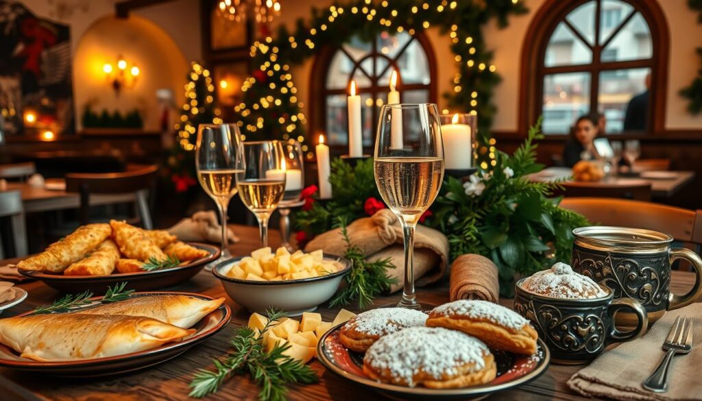 A beautifully arranged traditional New Year's feast in Prague, set on a rustic wooden table. In the foreground, showcase a variety of typical Czech dishes: golden fried carp, nutty potato salad garnished with herbs, and sweet pastries adorned with powdered sugar. Include a festive atmosphere with crystal wine glasses filled with sparkling wine and traditional mulled wine steaming in decorative mugs. In the middle ground, emphasize lush green plants and candles adding a warm glow. The background captures the festive décor of a bustling Prague restaurant, with charming influences of local architecture visible through an arched window. Utilize soft, warm lighting to create an inviting ambiance, and employ a slightly low angle to enhance the visual depth and celebratory mood of the scene.
