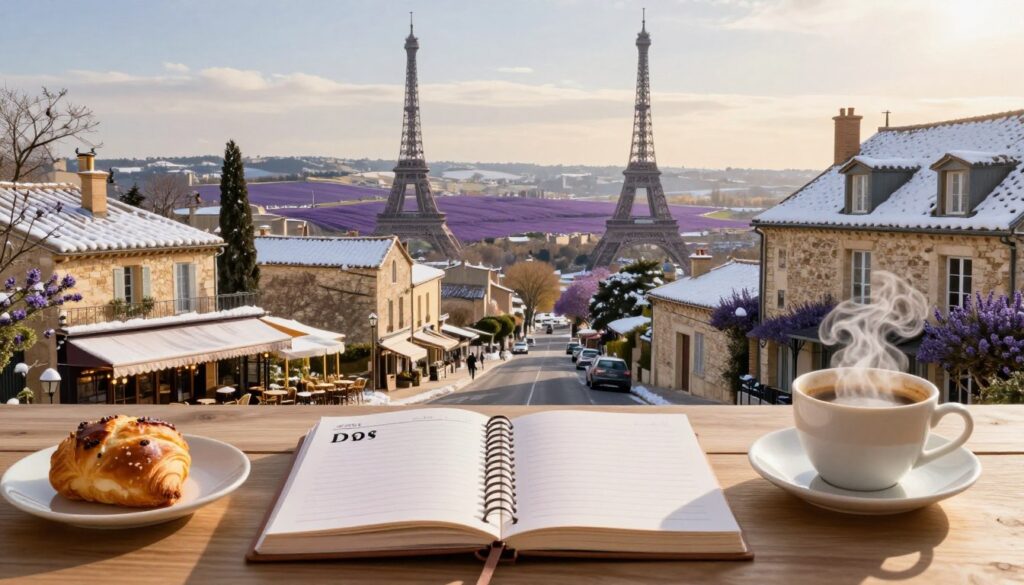 A beautifully arranged travel itinerary for 4 to 7 days in Paris and Provence during the charming winter season. In the foreground, an elegantly designed desk is adorned with a stylish planner, French pastries, and a steaming cup of coffee. The middle ground features a vivid Parisian landscape, showcasing iconic landmarks like the Eiffel Tower and quaint streets lined with cafés, dusted with light snow. In the background, picturesque Provence is depicted with rolling lavender fields, ancient stone buildings, and warm, golden light enhancing the rustic charm of the countryside. The ambiance should evoke a sense of wanderlust and cozy exploration, with soft, natural lighting that creates a peaceful and inviting mood. The scene is captured from a slightly elevated angle, offering a comprehensive view of this winter journey.