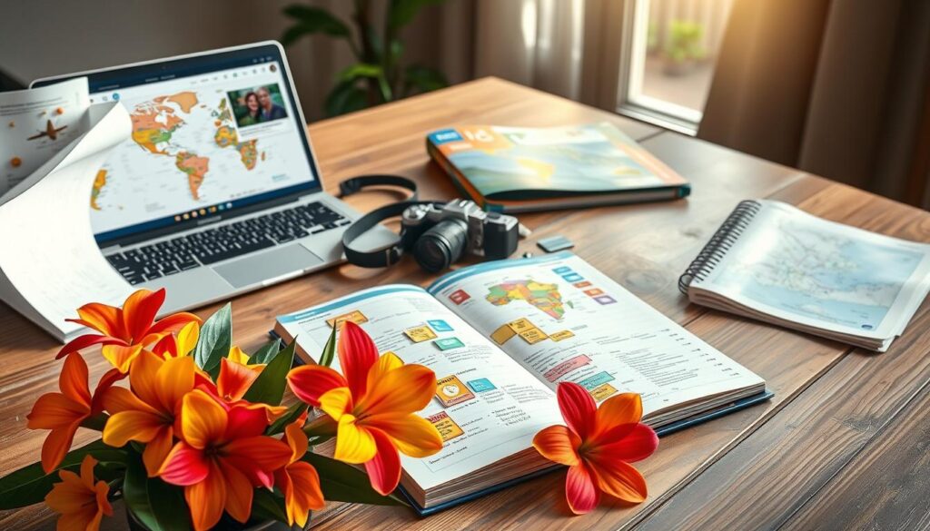 A beautifully arranged travel itinerary spread across a wooden table, featuring an open travel notebook filled with handwritten notes and colorful stickers. Nearby, a world map marked with pins and destinations symbolizes wanderlust. In the foreground, a vibrant tropical bouquet of flowers adds a splash of color. The middle layer includes a laptop displaying travel websites, a camera for capturing memories, and a travel guidebook. In the background, soft sunlight streams through a window, casting a warm and inviting glow over the scene. The overall mood is hopeful and adventurous, epitomizing the excitement of planning the perfect summer trip in Brazil.