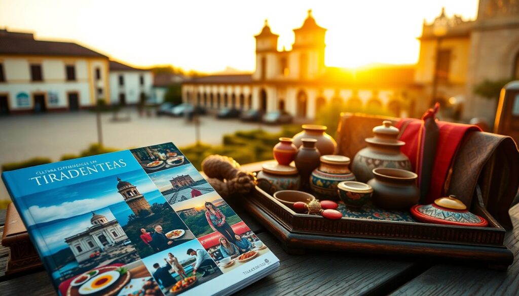 A beautifully arranged travel package featuring cultural experiences in Tiradentes for 2026. In the foreground, an elegant travel brochure with stunning images of historic landmarks, local cuisine, and vibrant artisan crafts. The middle ground showcases a tasteful selection of souvenirs, such as handcrafted pottery and intricate textiles, neatly displayed on an antique wooden table. The background sets the scene with the picturesque colonial architecture of Tiradentes bathed in warm, golden sunlight during the sunset, casting soft shadows. The overall mood is inviting and nostalgic, reflecting the charm of a relaxing getaway. The image captures a sense of exploration and cultural immersion, emphasizing the beauty and uniqueness of this travel experience.