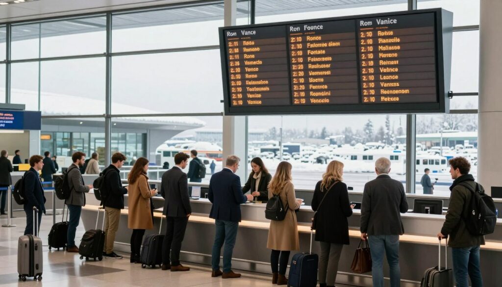A beautifully composed travel scene showcasing an airport departure area, bustling with travelers preparing for flights to Italy. In the foreground, a diverse group of well-dressed passengers—men in suits and women in smart attire—are checking in at the airline counter. The middle ground features a digital departure board displaying flights to Rome, Florence, and Venice, glowing with warm lighting. In the background, large glass windows reveal a snowy winter landscape, hinting at the chilly Italian winter outside. Soft, diffused lighting fills the scene, creating an inviting and energetic atmosphere, emphasizing the excitement of travel. The angle is slightly elevated, capturing the hustle and bustle of the airport while ensuring a clear focus on the travel experience.