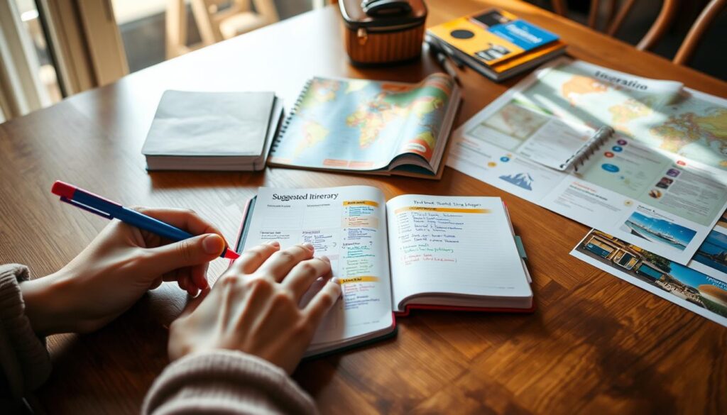 A beautifully curated travel itinerary spread across a wooden table, with a meticulously designed planner opened to a colorful section titled "Suggested Itinerary." In the foreground, a pair of hands gently annotating travel notes with a vibrant pen. The middle ground features a close-up of the planner showing organized days with highlights of places to visit, drawn in vibrant colors. In the background, a softly blurred map and travel guides emphasize the planning theme. Natural light streams in from a nearby window, casting warm shadows that create an inviting atmosphere. The scene conveys a sense of excitement and anticipation for travel, inspiring viewers to embark on their journeys with confidence and creativity.