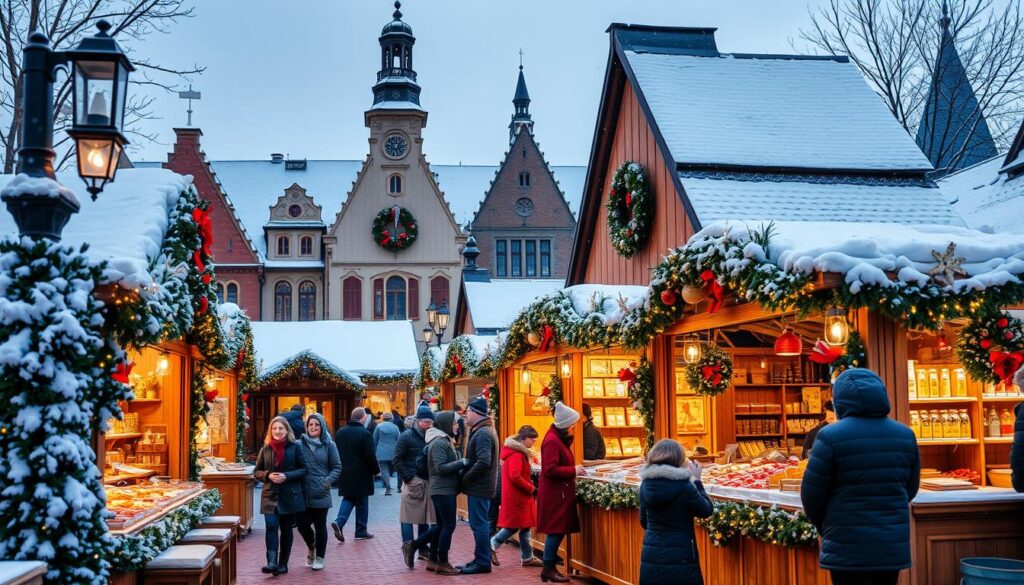A beautifully decorated German Christmas market set in a snow-covered town in Québec, Canada. In the foreground, wooden stalls with festive garlands and twinkling fairy lights display various traditional holiday goods like ornaments, baked goods, and mulled wine. The middle ground features families dressed in warm winter clothing, joyfully interacting and enjoying the festive atmosphere. In the background, charming historical buildings are adorned with wreaths and lights, framed by softly falling snowflakes. The scene is illuminated by the warm glow of lanterns, casting a cozy ambiance against the evening sky. Capture this enchanting holiday spirit with a slight downward angle to emphasize the market's bustling charm and intimate details. A beautifully decorated German Christmas market set in a snow-covered town in Québec, Canada. In the foreground, wooden stalls with festive garlands and twinkling fairy lights display various traditional holiday goods like ornaments, baked goods, and mulled wine. The middle ground features families dressed in warm winter clothing, joyfully interacting and enjoying the festive atmosphere. In the background, charming historical buildings are adorned with wreaths and lights, framed by softly falling snowflakes. The scene is illuminated by the warm glow of lanterns, casting a cozy ambiance against the evening sky. Capture this enchanting holiday spirit with a slight downward angle to emphasize the market's bustling charm and intimate details.