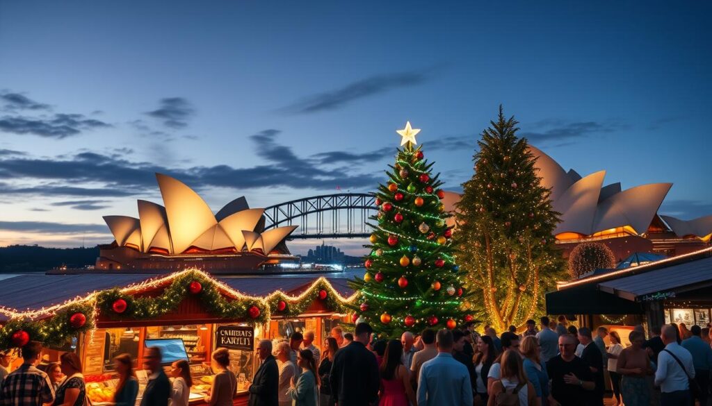 A beautifully vibrant scene depicting Christmas attractions in Sydney, showcasing the iconic Sydney Opera House illuminated with festive lights against a twilight sky. In the foreground, a bustling open-air market filled with cheerful families and friends enjoying holiday treats, adorned with twinkling fairy lights. The middle ground features a large Christmas tree decorated with colorful ornaments, creating a center of attraction. In the background, the Sydney Harbour Bridge can be seen, adding to the landscape’s charm. Soft, warm lighting enhances the joyful atmosphere, capturing the essence of a summer Christmas in Australia. The image conveys a sense of community joy and celebration.