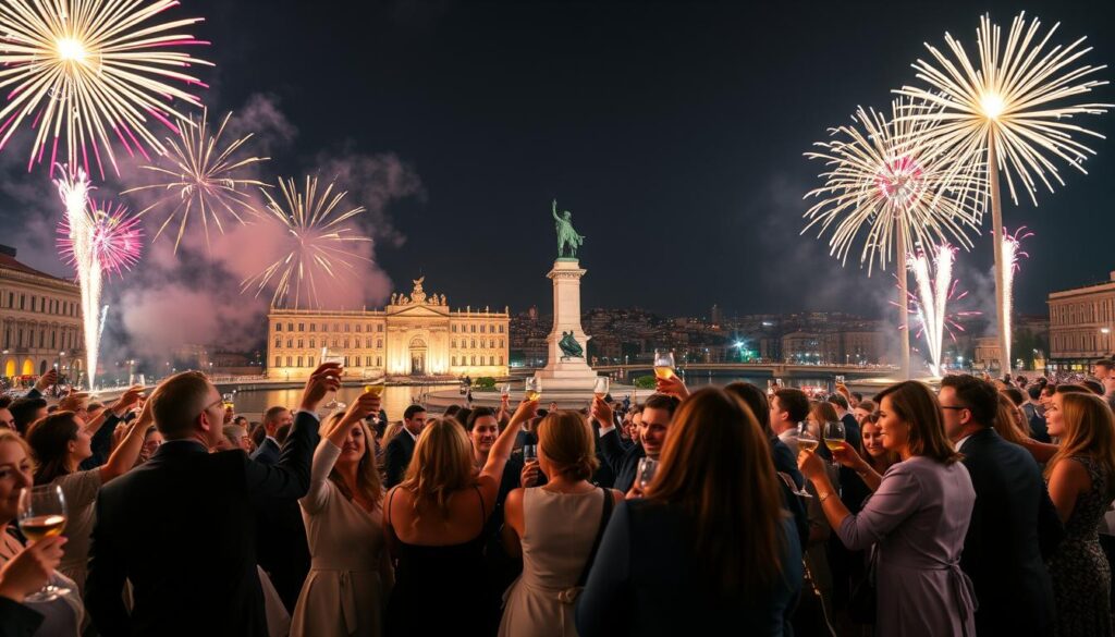 A breathtaking New Year's Eve celebration at Lisbon's Terreiro do Paço, capturing a vibrant atmosphere filled with joy and excitement. In the foreground, a diverse group of elegantly dressed individuals in festive, modest attire, raising glasses in a toast to the New Year. The middle ground showcases the historic architecture of the square illuminated by colorful fireworks bursting above, casting brilliant reflections on the Tagus River. In the background, the iconic statue stands tall against the night sky, under a cascade of radiant sparks. The scene is alive with energy, with soft, warm lighting enveloping the crowd, creating a magical and unforgettable experience. Shot at a slight angle to enhance depth, evoking a sense of wonder and celebration amidst the night festivities.