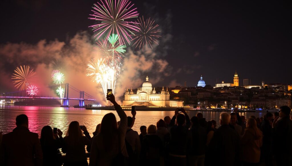 A breathtaking New Year's Eve fireworks display over the Tagus River, capturing the vibrant colors of the fireworks reflecting on the water. In the foreground, silhouettes of people in modest casual clothing gather along the riverbank, some taking photos and raising their glasses in celebration. The middle ground features the iconic Terreiro do Paço illuminated by the festive lights, creating a festive atmosphere. The background showcases the Lisbon skyline, partially obscured by colorful bursts of fireworks lighting up the night sky. The image is captured with a wide-angle lens, emphasizing the grandeur of the scene, with dramatic lighting that adds a lively and joyful mood to the celebration.