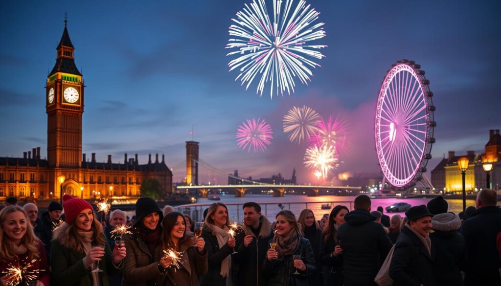 A breathtaking New Year's Eve scene in London, featuring the iconic Big Ben illuminated against a twilight sky. In the foreground, a diverse group of people dressed in stylish winter attire, celebrating with joyful expressions, crackling sparklers, and drinks in hand. The middle ground showcases the majestic Thames River, where dazzling fireworks explode in vibrant colors, casting reflections on the water's surface. The background reveals the silhouette of the London Eye, faintly illuminated, adding to the festive skyline. Soft, warm streetlights glow, creating an inviting atmosphere amidst the celebrations. Capture this scene with a slightly elevated angle, achieving a dynamic depth, and ensure vibrant colors pop against the serene twilight backdrop.