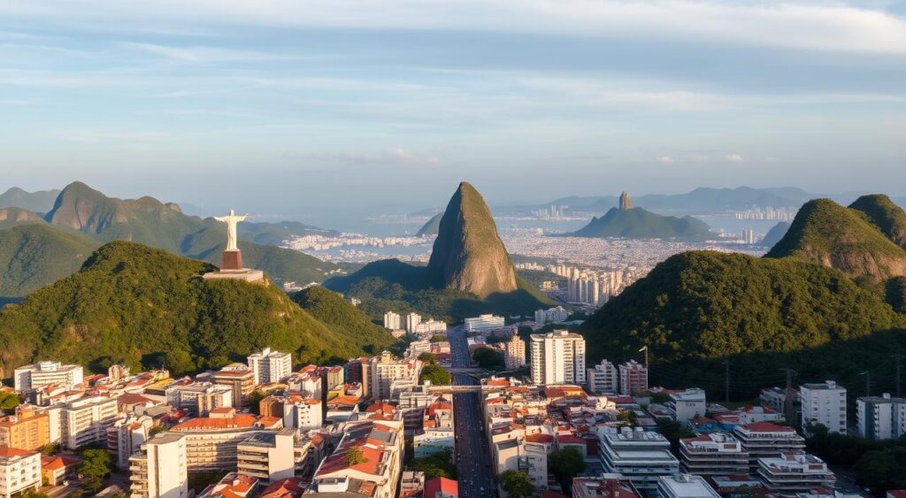 A breathtaking aerial view of the iconic Zona Sul neighborhood in Rio de Janeiro, Brazil. The cityscape is framed by lush, verdant hills in the background, with the iconic Christ the Redeemer statue standing tall in the distance. In the foreground, the bustling streets and vibrant buildings of Zona Sul are visible, with the stunning Sugarloaf Mountain rising majestically in the center. The scene is bathed in warm, golden lighting, creating a serene and inviting atmosphere. The image captures the essence of Rio's stunning natural beauty and the vibrant energy of its urban landscape, perfectly encapsulating the must-see attractions and sights to behold in this remarkable city.