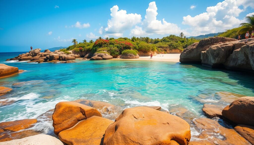 A breathtaking coastal landscape of natural pools and pristine beaches in Brazil, capturing the vibrancy of summer in January. In the foreground, gentle waves lapping against smooth, sun-kissed rocks, with clear turquoise waters reflecting the sunlight. The middle ground features lush green cliffs dotted with colorful tropical flora, leading to secluded sandy beaches where a few vacationers in modest beachwear enjoy their day. In the background, a bright blue sky embellished with fluffy white clouds enhances the idyllic scene, with the distant outline of more rugged coastline. The mood is serene yet lively, evoking a perfect summer getaway. The lighting is soft and warm, suggesting mid-afternoon, captured with a wide-angle lens to encompass the entirety of this stunning vista.