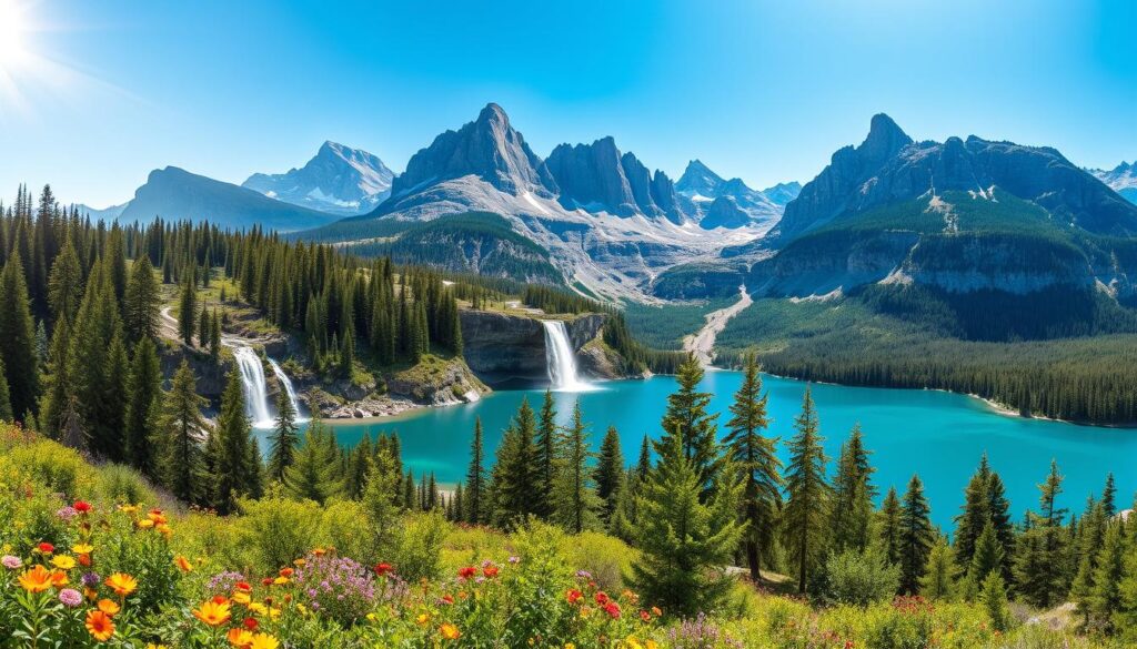 A breathtaking collage of nature's finest destinations showcasing their unique features and attractions. In the foreground, a vibrant landscape with lush green forests and colorful wildflowers, inviting the viewer to explore. The middle ground features a picturesque waterfall cascading into a crystal-clear lake, surrounded by majestic mountains that rise into a clear blue sky. In the background, soaring cliffs and dynamic rock formations add drama to the scene, while soft sunlight filters through the trees, casting gentle shadows. The mood is serene and inspiring, evoking a sense of adventure and tranquility. Use a wide-angle lens to capture the expansive beauty, with a focus on vibrant colors and natural textures. The scene should be rich in detail, immersing the viewer in the wonders of these incredible natural destinations.