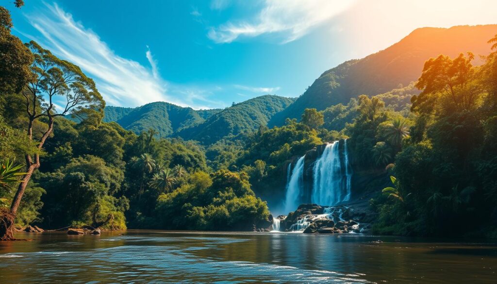 A breathtaking ecotourism destination in Brazil, showcasing lush, vibrant rainforest with towering trees and a rich diversity of flora and fauna. In the foreground, a serene river flowing gently, reflecting the dappled sunlight filtering through the dense canopy above. The middle ground features an active waterfall cascading down rocky cliffs, surrounded by greenery, while colorful birds can be seen perched nearby. In the background, steep hills covered in emerald vegetation rise majestically under a bright blue sky with wispy white clouds. The scene is illuminated by warm, golden light, creating an inviting and adventurous atmosphere perfect for nature lovers. Capture this majestic landscape with a wide-angle lens to emphasize the scale and beauty of the natural environment.