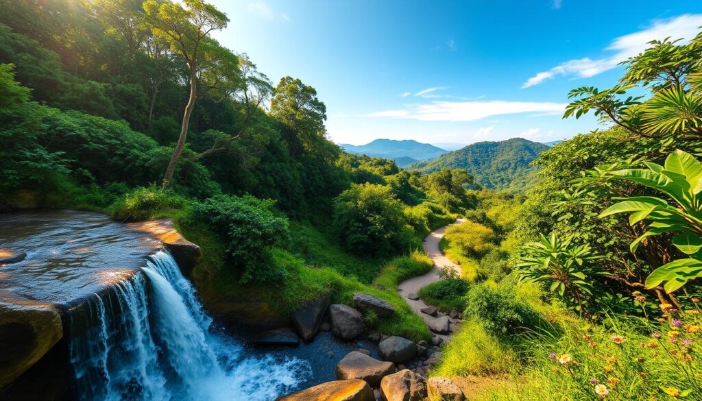 A breathtaking ecotourism scene set in the lush Brazilian rainforest, showcasing vibrant green trails weaving through towering trees and lush vegetation. In the foreground, a cascading waterfall tumbles over smooth rocks, glistening in the soft morning light. The middle ground features a narrow winding path lined with colorful wildflowers, inviting adventurers to explore deeper into nature. In the background, distant hills rise under a clear blue sky, accented by wisps of clouds. The atmosphere is serene and inspiring, evoking a sense of tranquility and adventure. Use natural lighting to amplify the vivid colors of the landscape, captured from a slightly elevated angle to provide depth and perspective. No human figures are present, allowing the focus to remain solely on the stunning natural elements.