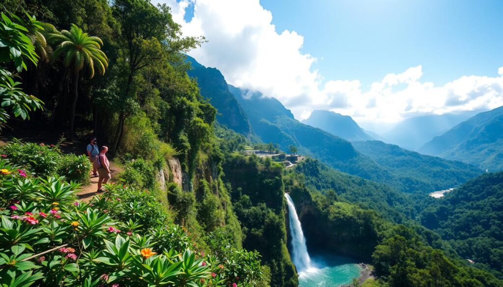A breathtaking landscape showcasing Brazil's diverse natural beauty and adventurous spirit. In the foreground, a lush green rainforest filled with vibrant flora, featuring towering trees and colorful flowers. In the middle ground, an exhilarating waterfall cascades down rocky cliffs, with crystal-clear water splashing into a serene pool below. Adventurers in modest casual clothing are seen hiking along a narrow trail, enjoying the stunning views. In the background, majestic mountains rise into the sky, partially shrouded in mist, under a bright blue sky with fluffy white clouds. The scene is bathed in warm sunlight, creating a vibrant yet tranquil atmosphere, evoking a sense of exploration and the thrill of nature. Use a wide-angle lens to capture the expansive beauty and depth of this natural paradise. A breathtaking landscape showcasing Brazil's diverse natural beauty and adventurous spirit. In the foreground, a lush green rainforest filled with vibrant flora, featuring towering trees and colorful flowers. In the middle ground, an exhilarating waterfall cascades down rocky cliffs, with crystal-clear water splashing into a serene pool below. Adventurers in modest casual clothing are seen hiking along a narrow trail, enjoying the stunning views. In the background, majestic mountains rise into the sky, partially shrouded in mist, under a bright blue sky with fluffy white clouds. The scene is bathed in warm sunlight, creating a vibrant yet tranquil atmosphere, evoking a sense of exploration and the thrill of nature. Use a wide-angle lens to capture the expansive beauty and depth of this natural paradise.