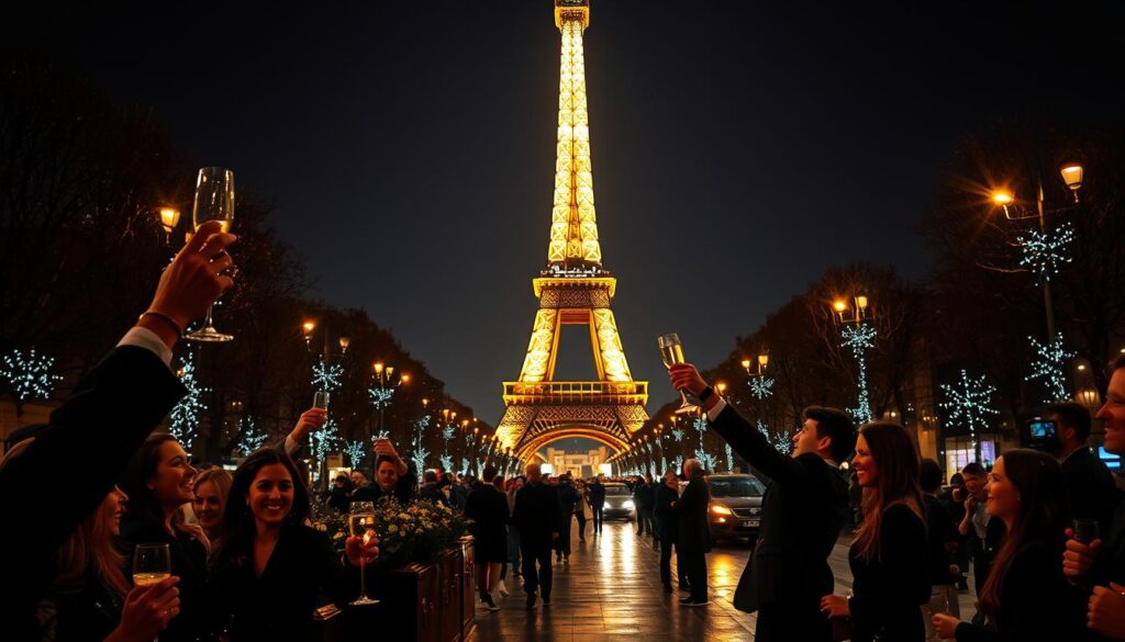 A breathtaking nighttime scene of the Eiffel Tower illuminated with dazzling lights, surrounded by joyful crowds gathering for New Year’s Eve celebrations at the Champs-Élysées. In the foreground, elegantly dressed individuals raise champagne glasses, sharing smiles and laughter. The middle ground features the iconic avenue bustling with festive decorations and vibrant streetlights reflecting off the wet pavement. The Eiffel Tower stands majestically in the background, adorned with sparkling lights against the dark sky, creating a magical atmosphere. Soft, warm lighting bathes the scene, highlighting the excitement of celebration. A slight angle from below emphasizes the grandeur of the tower, capturing the essence of an unforgettable New Year’s Eve in Paris.