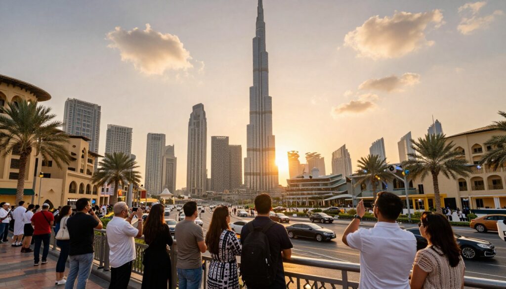 A breathtaking skyline of Dubai and Abu Dhabi during a vibrant sunset, showcasing iconic landmarks like the Burj Khalifa and Sheikh Zayed Grand Mosque. In the foreground, a diverse group of tourists dressed in smart casual attire admires the view, with some taking photos. In the middle ground, the bustling streets filled with stylish architecture and palm trees, while luxury cars glide by. The background features the warm glow of the setting sun casting a golden hue over the city, with a few fluffy clouds in the sky. The atmosphere is lively and festive, capturing the excitement of New Year’s celebrations. Soft, diffused lighting enhances the scene, creating a welcoming and magical ambiance.
