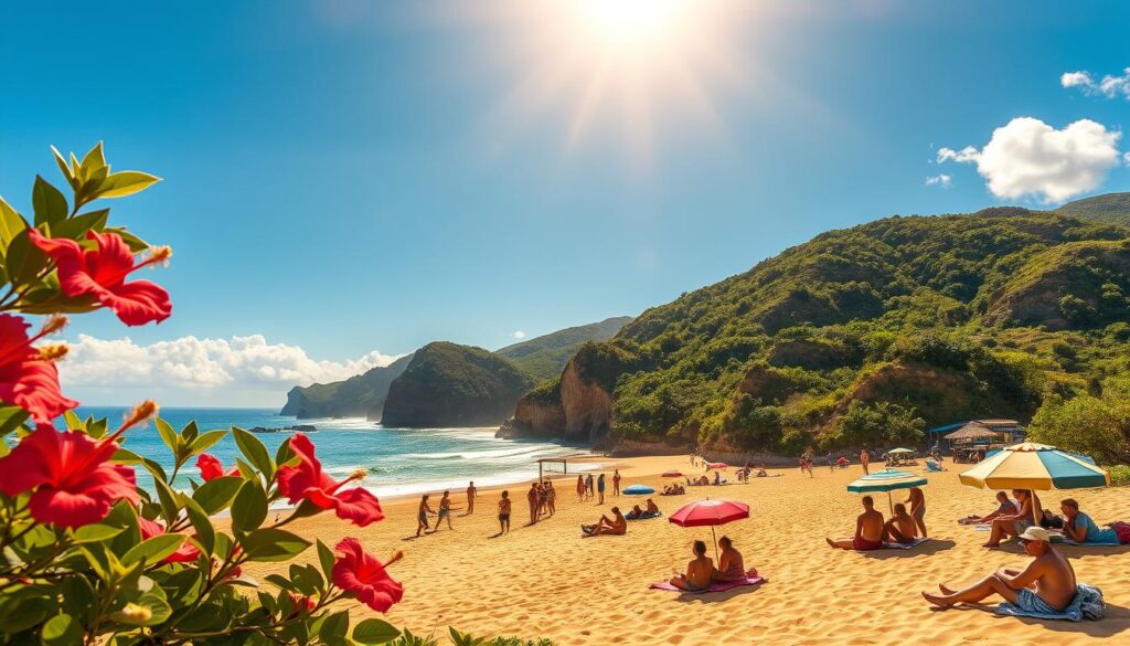 A breathtaking summer scene of Brazil's most unique vacation destinations. In the foreground, vibrant tropical flora, such as hibiscus and palm trees, swaying gently in the warm breeze. In the middle ground, a stunning beach with golden sands and people enjoying leisure activities, dressed in modest casual clothing—families playing beach volleyball and couples lounging under colorful umbrellas. The background showcases dramatic cliffs and lush green hills, under a brilliant blue sky illuminated by the golden glow of midday sun. Capture the warmth and cheerful atmosphere of a perfect summer day. Use a wide-angle lens perspective to emphasize the vastness of the landscape and to draw the viewer into the scene, evoking feelings of joy and relaxation.